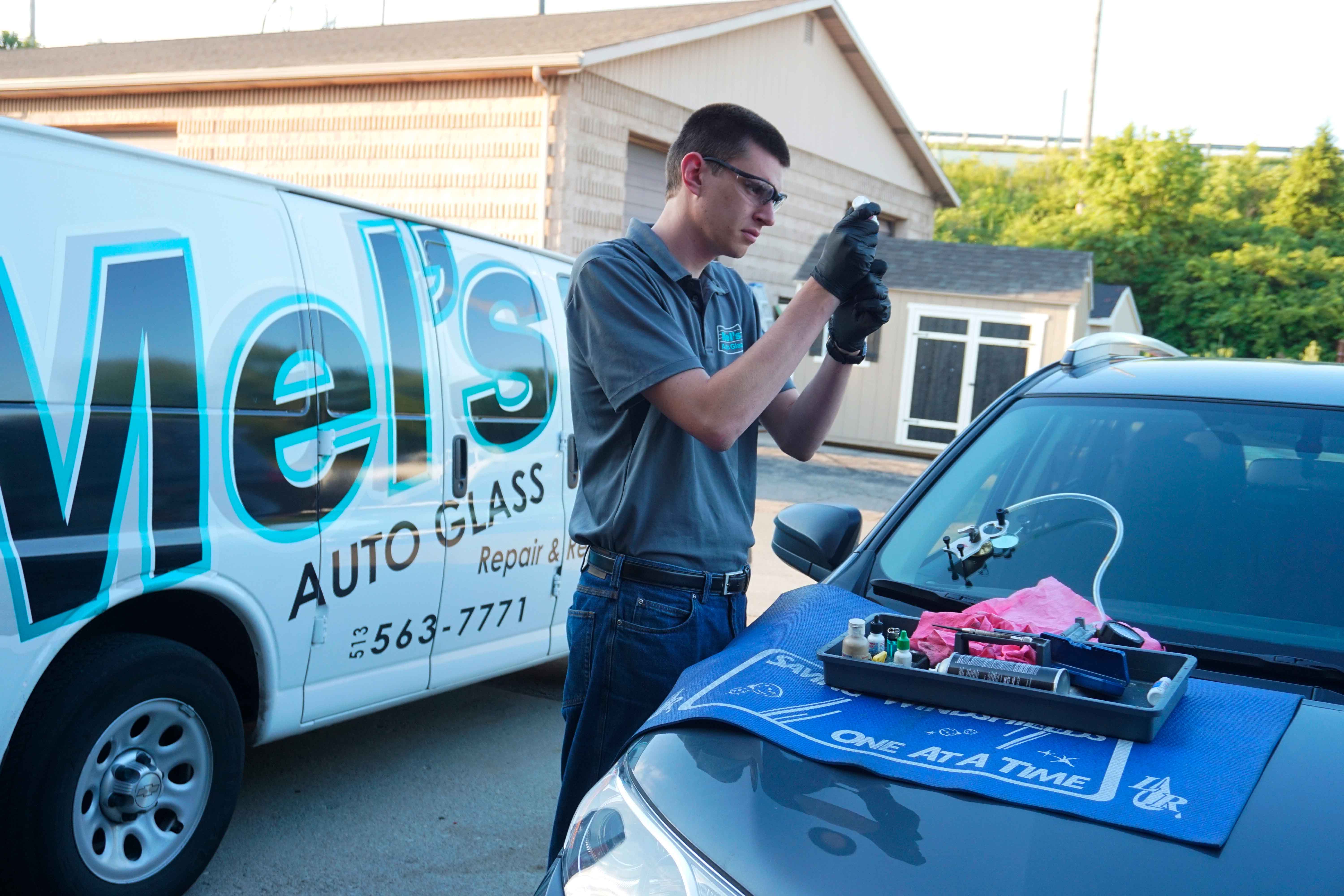Auto glass replacement in progress